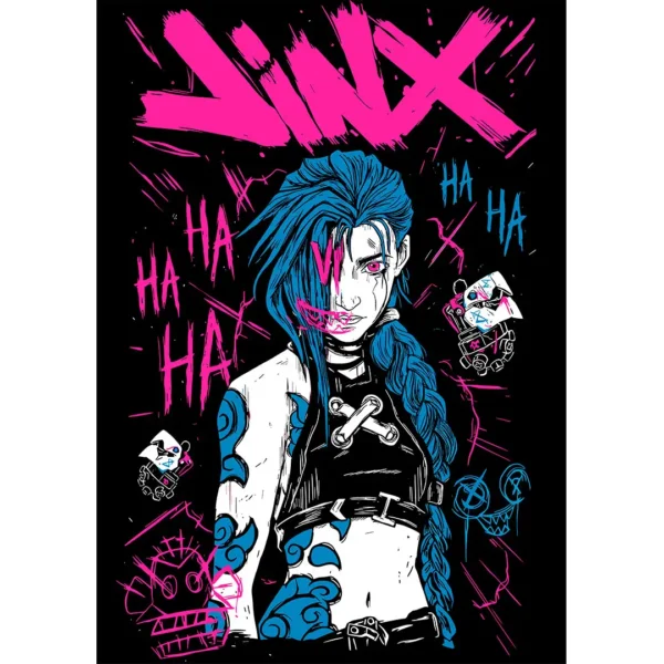 Vector ilustrado de Jinx estilo Arcane para estampar en playeras negras – Formato AI y PNG