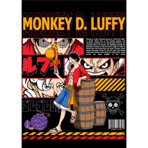 Vector editable de Monkey D. Luffy para estampado, diseño en formato .ai inspirado en One Piece, incluye mockups para camisetas negras.