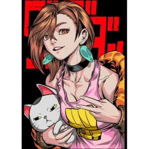 Vector anime de Momo Ayase abrazando un gato, ideal para estampados y camisetas personalizadas