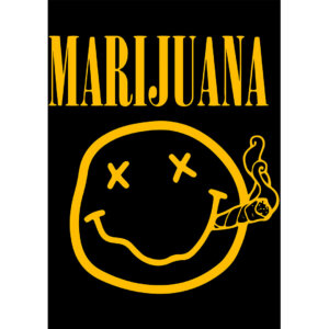 Vector Nirvana Marijuana en estilo grunge amarillo con carita feliz fumando, ideal para estampar en ropa.