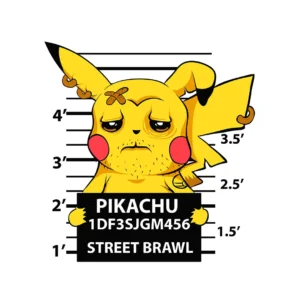 Diseño vectorial de Pikachu preso estilo mugshot para estampados en ropa