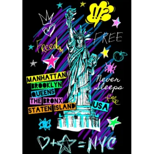 Vector estilo graffiti de la Estatua de la Libertad con elementos urbanos y nombres de barrios de Nueva York para estampados y ropa streetwear.