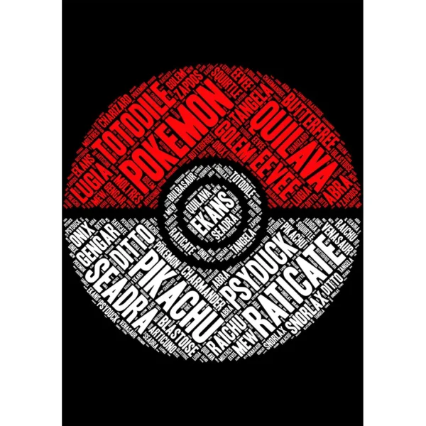 Vector de Pokebola estilo tipográfico con nombres de Pokémon en forma circular para estampados – formato AI con mockups PNG