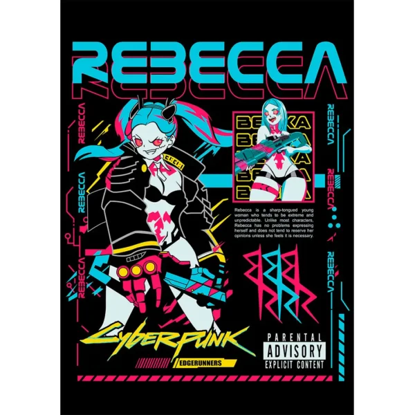 Diseño vectorial de Rebecca Cyberpunk Edgerunners en formato .AI con mockups de camisetas negras para estampado