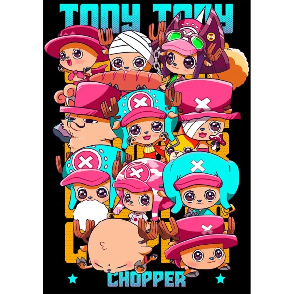 Vector de Tony Tony Chopper en múltiples estilos para estampados de ropa, ideal para impresión en camisetas y hoodies.