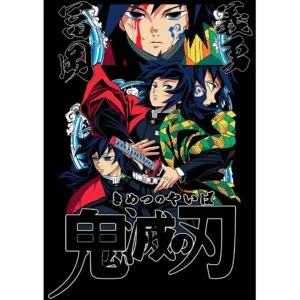 Diseño vectorial de Giyu Tomioka de Demon Slayer para estampado en ropa, con mockups en playeras negras.