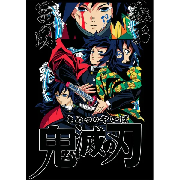 Diseño vectorial de Giyu Tomioka de Demon Slayer para estampado en ropa, con mockups en playeras negras.