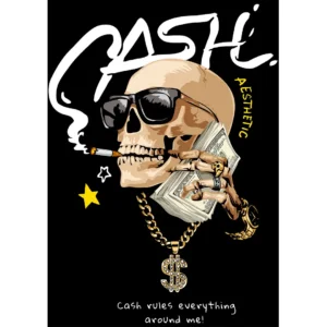 Diseño vectorial de calavera con gafas, cadenas de oro y fajos de billetes, ideal para estampados urbanos de playeras y sudaderas.