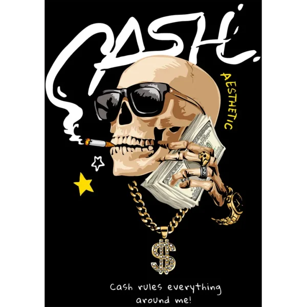 Diseño vectorial de calavera con gafas, cadenas de oro y fajos de billetes, ideal para estampados urbanos de playeras y sudaderas.