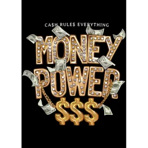 Diseño para estampar playera con las palabras Money Power en dorado con diamantes y billetes volando, sobre un fondo negro.