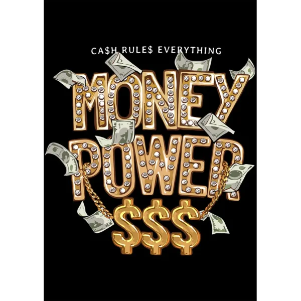 Diseño para estampar playera con las palabras Money Power en dorado con diamantes y billetes volando, sobre un fondo negro.