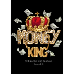 Vector premium 'Money King' para estampados de playeras y hoodies, diseño de corona dorada y dinero con texto 'MONEY KING' adornado con diamantes, ideal para negocios de personalización.