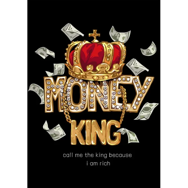 Vector premium 'Money King' para estampados de playeras y hoodies, diseño de corona dorada y dinero con texto 'MONEY KING' adornado con diamantes, ideal para negocios de personalización.