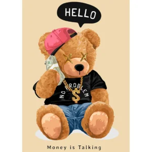Vector de oso teddy con gorra, gafas de sol doradas y collar de dólar, con fajos de billetes, ideal para estampados de playeras y hoodies. Diseño "Money is Talking".