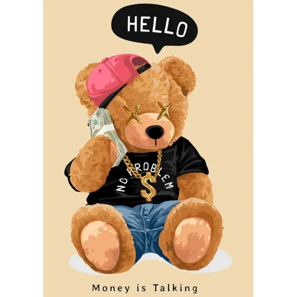 Vector de oso teddy con gorra, gafas de sol doradas y collar de dólar, con fajos de billetes, ideal para estampados de playeras y hoodies. Diseño "Money is Talking".