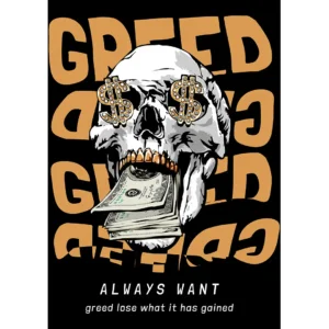 Diseño vectorial de calavera “Greed” con signos de dólar y billetes, ideal para estampado en camisetas urbanas.