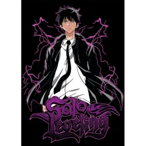 Diseño vectorial de Sung Jinwoo del anime Solo Leveling, con energía mágica púrpura y tipografía estilo urbano, ideal para estampados.