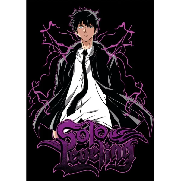 Diseño vectorial de Sung Jinwoo del anime Solo Leveling, con energía mágica púrpura y tipografía estilo urbano, ideal para estampados.