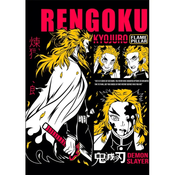 Diseño vectorial de Rengoku Kyojuro estilo anime Demon Slayer para estampados en camisetas y sudaderas en formato .AI con mockups PNG