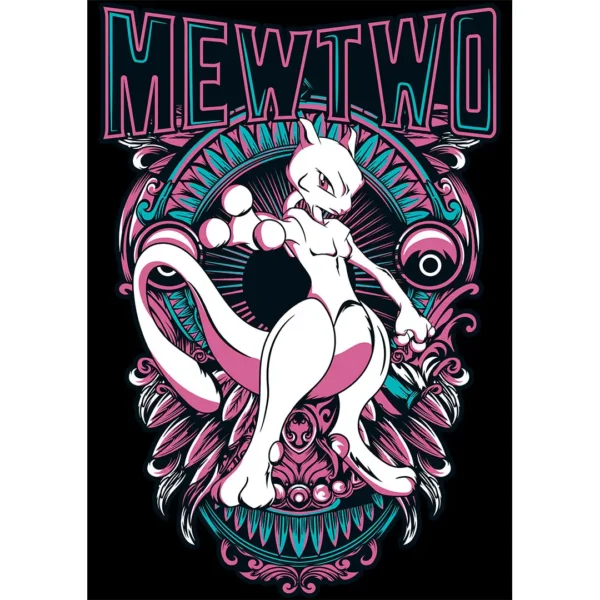 Diseño vectorial de Mewtwo para estampado en playeras negras – estilo urbano y editable en formato AI