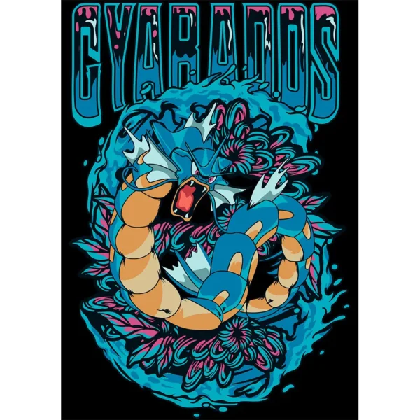 Ilustración vectorial de Gyarados estilo streetwear para estampado de playeras, con detalles dinámicos en tonos azul, beige y fucsia, acompañado del texto “GYARADOS” en tipografía bold.
