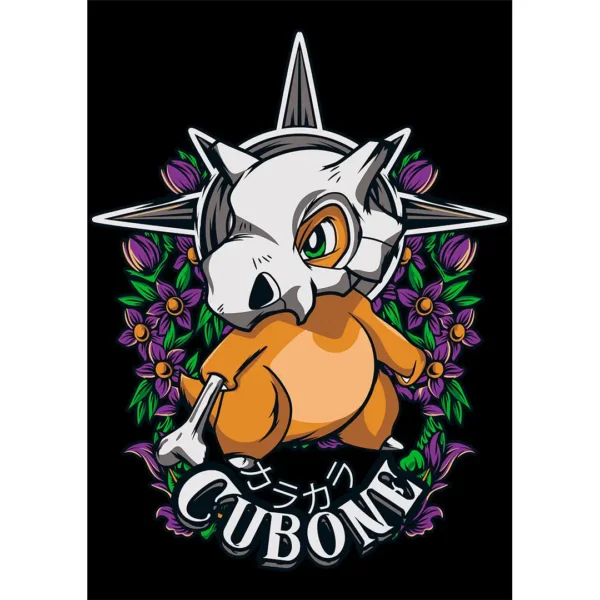 Vector de Cubone estilo street art con flores moradas, hueso y mockups para playeras negras