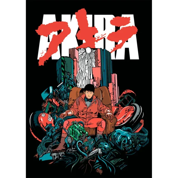 Vector editable de Shotaro Kaneda sentado sobre restos tecnológicos – Diseño inspirado en Akira para estampados