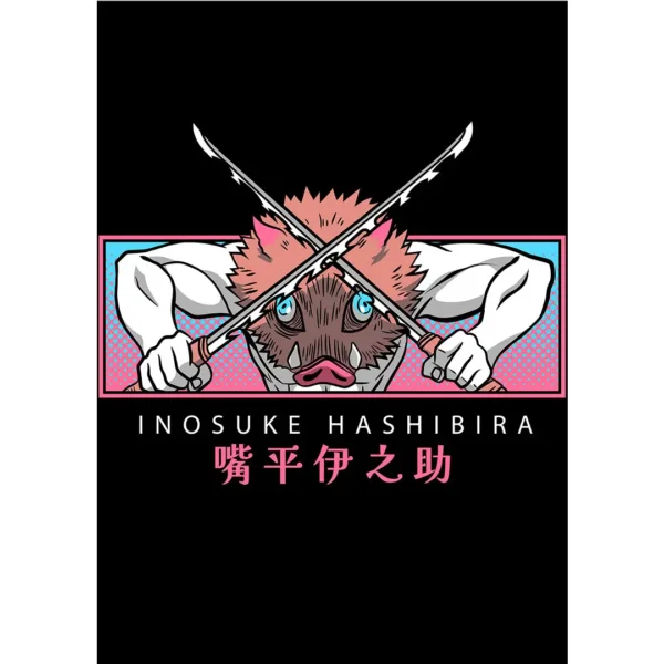 Vector editable de Inosuke Hashibira Demon Slayer en AI con mockups para playeras negras