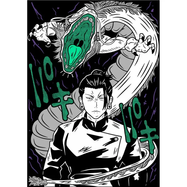 Vector editable de Suguru Geto estilo anime para estampados en playeras y hoodies, formato AI con mockups PNG.