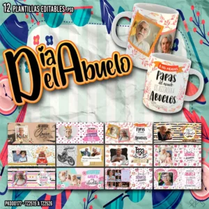 Pack de 12 Plantillas editables PSD y PNG para sublimar tazas del Día del Abuelo, con frases emotivas, espacio para fotos y mockups incluidos.