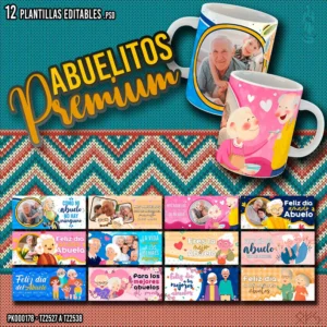 Pack de 12 plantillas editables Día del Abuelo para sublimar tazas, archivos PSD y PNG personalizables con fotos, mockups y tipografías