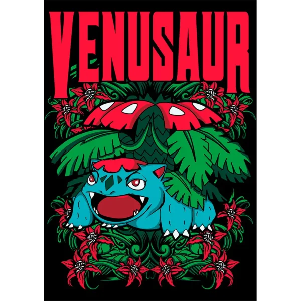 Vector Pokémon Venusaur en formato .AI editable con mockups para playeras y hoodies