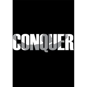 Vector editable “CONQUER” motivacional en .AI con mockups de playeras negras para estampado
