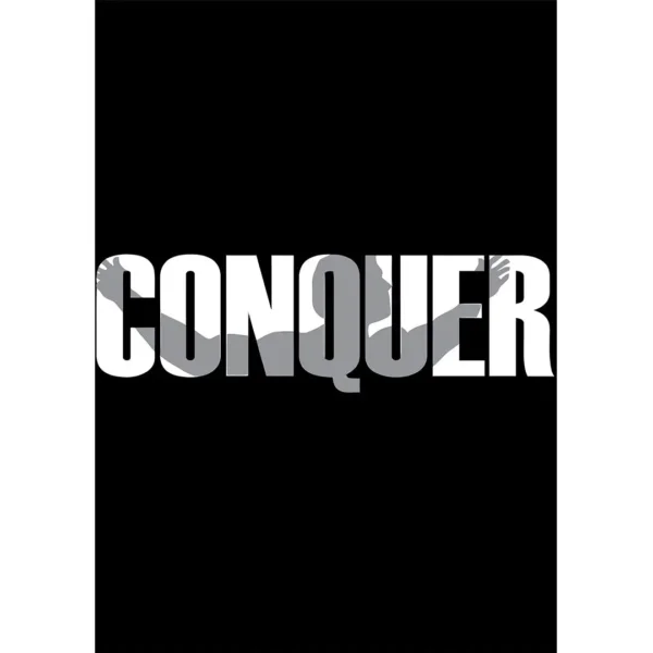 Vector editable “CONQUER” motivacional en .AI con mockups de playeras negras para estampado