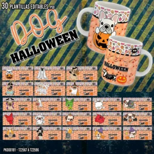 Pack de 30 plantillas Dog Halloween para sublimar tazas con diseños de perros disfrazados en formato PSD y PNG