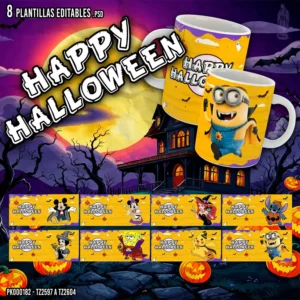 Pack de 8 plantillas editables para sublimar tazas de Halloween con personajes animados, formato PSD y PNG, fondo naranja y mockups incluidos.