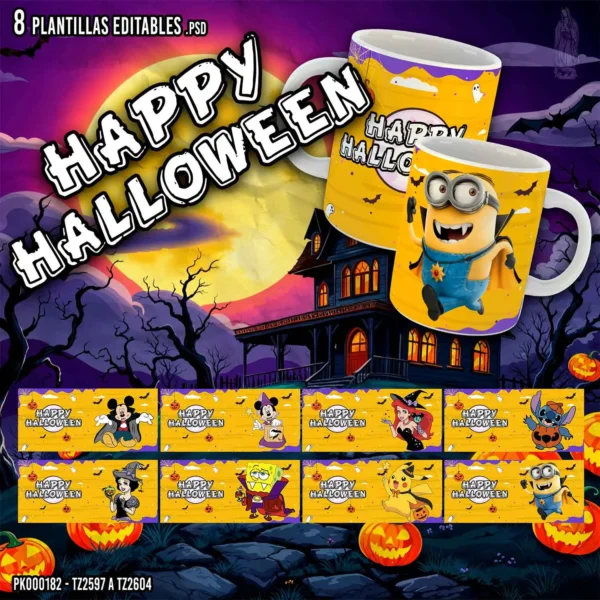 Pack de 8 plantillas editables para sublimar tazas de Halloween con personajes animados, formato PSD y PNG, fondo naranja y mockups incluidos.