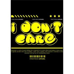 Vector Streetwear Urban "I Don’t Care" en estilo graffiti amarillo con mockup para playeras negras