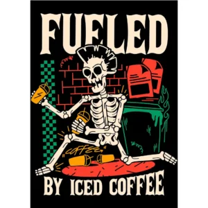Vector “Fueled by Iced Coffee” – Diseño streetwear Halloween con esqueleto punk y café helado para estampados