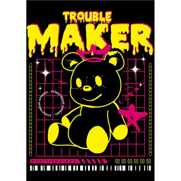Diseño vectorial Trouble Maker estilo Streetwear para estampados de playeras y hoodies en formato .AI editable.