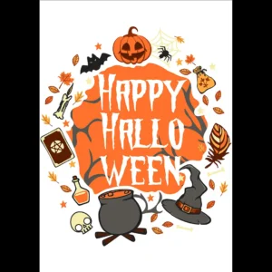 vector “Happy Halloween” en formato .AI con calabaza, caldero y sombrero de bruja para estampados de Halloween