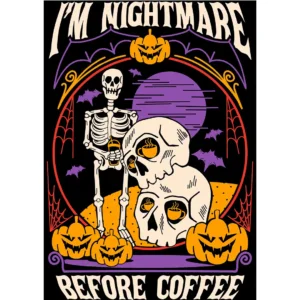 Vector Halloween “I’m Nightmare Before Coffee” – Esqueleto con café y calabazas, diseño streetwear editable en .AI