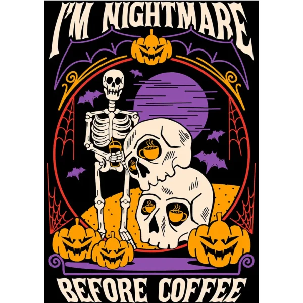 Vector Halloween “I’m Nightmare Before Coffee” – Esqueleto con café y calabazas, diseño streetwear editable en .AI